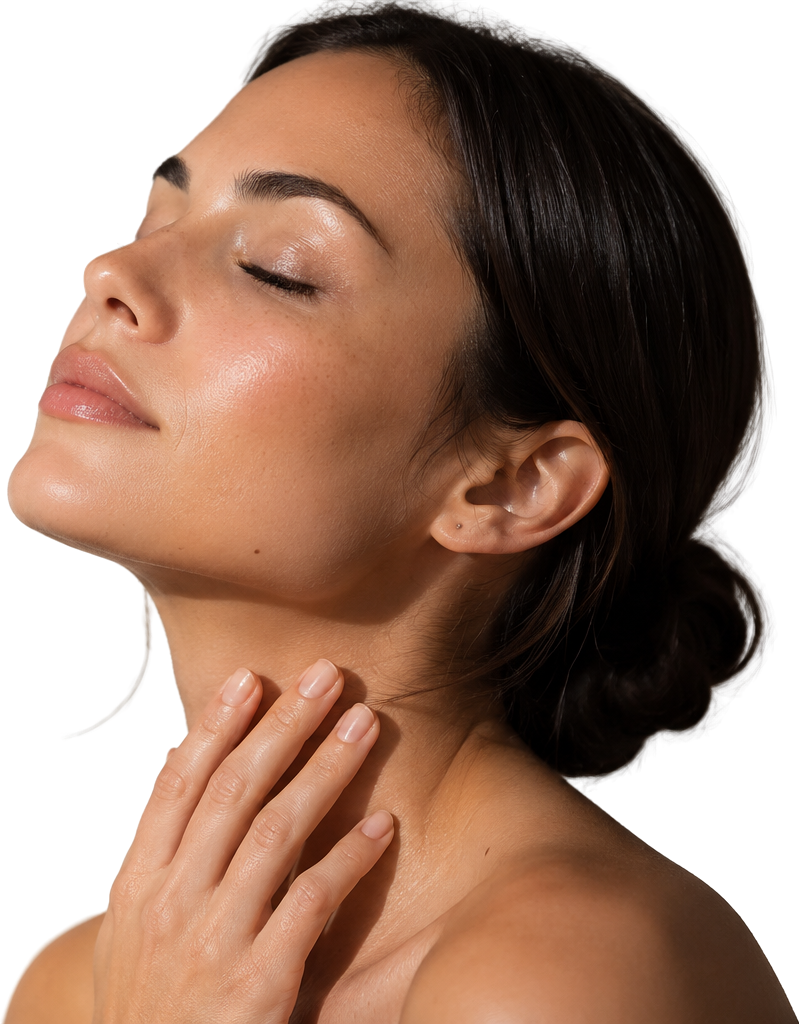 Mujer con los ojos cerrados tocándose el cuello, piel luminosa